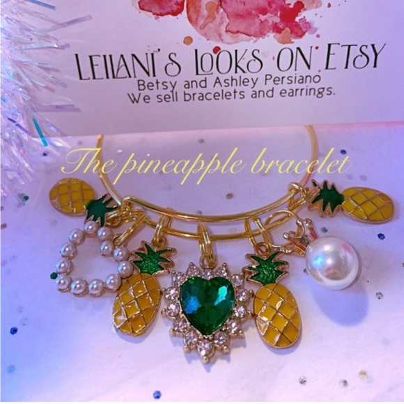 Jewelry - Gold charm bangle bracelet with pineapples/ pineapple bangle / tropical charm